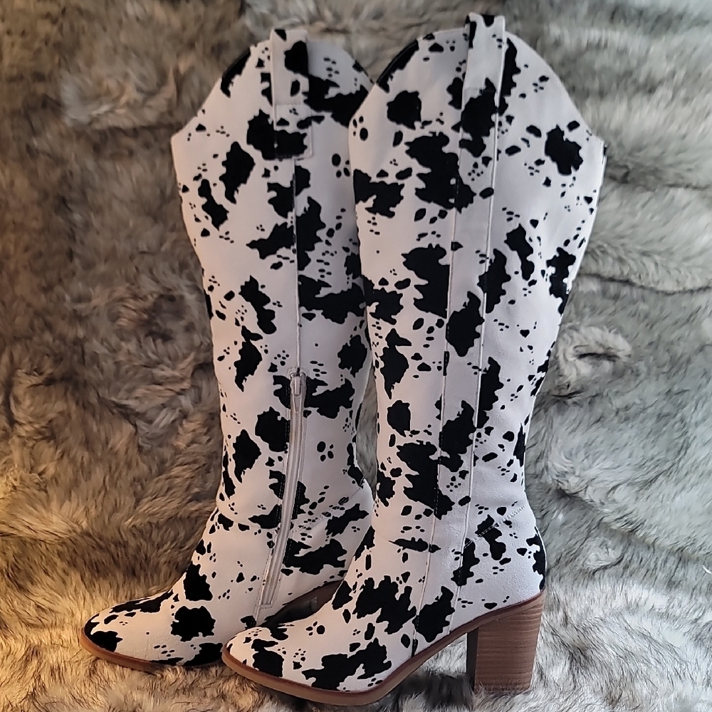 Altar'd State Black and White  Cow Patterned Heeled Boots - Picture 4 of 16